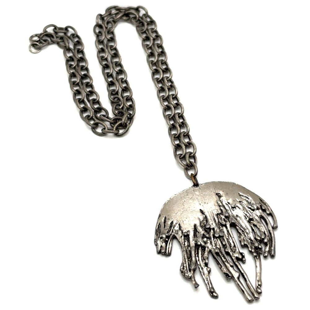 Vintage 1970s Brutalist Pendant Necklace Large Dripping Metal Statement 32"